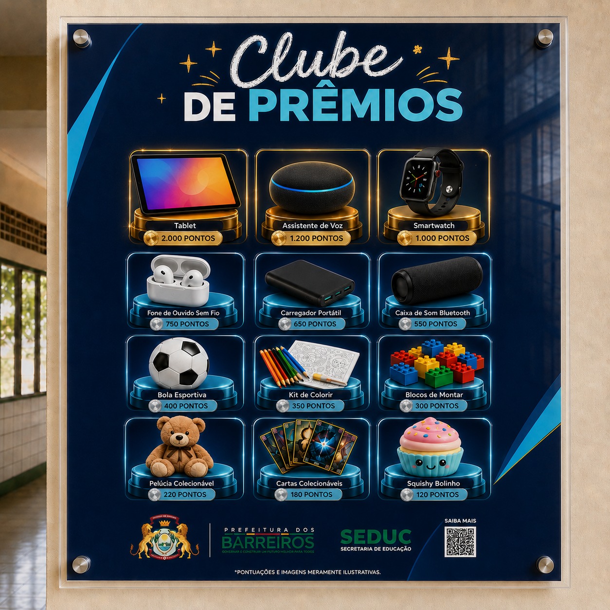 Painel-vitrine do Clube de Prêmios com catálogo de itens e respectivas pontuações
